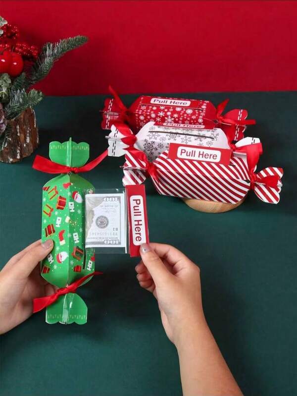 4Pcs Christmas Money Box, Candy Shaped Money-Pulling Box, Merry Christmas Paper Gift Box, Cash Gift Box, Christmas Decorations, Christmas Creative Gift, Christmas Decoration For Home, Christmas Party Supplies, Xmas Decor, Festival Decoration Supplies