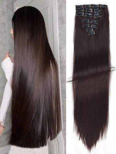 18-32 Inch Straight Clip-In Hair Extensions, 7pcs Set, 16 Clips, Ombre Color, Heat Resistant Fiber, For Women & Girls, Black Long Straight Ombre Hair Extensions, Heat Resistant Fiber, Women Hairstyle