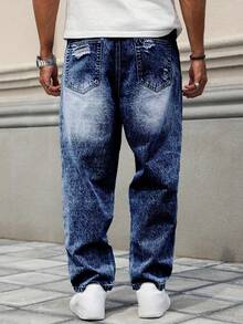 Roughcore Men's Loose Fit Distressed Washed Denim Jeans - Dark Wash - View 4