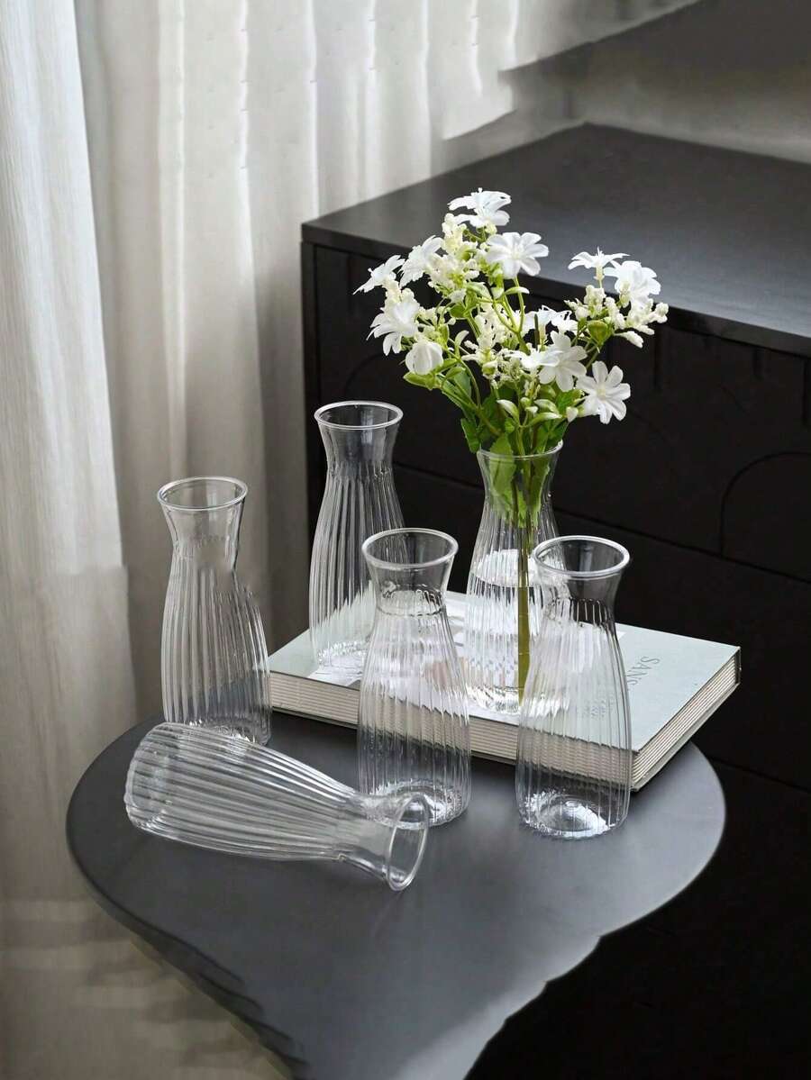 1/2/5/8/10pcs Plastic Striped Vases, Transparent Flower Vases Floral Arrangement Crafts Suitable For Various Bouquets Decoration, Displays, Festivals And Home Decor, Applicable For Tabletop, Wedding, Christmas, Dinner Party Room Decor Glass Vase - Clear - View 1