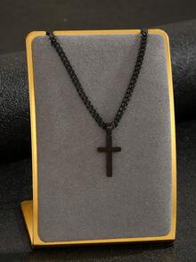 1pc Minimalist Gold Cross Pendant Stainless Steel Chain Necklace, Suitable For Boys, Girls, Street, Party, Date, Daily Wear, Children's Birthday Gift - Black - View 4
