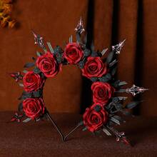 1pc Gothic Dark Red Rose Flower Crown Headband, Bridal Headdress For Halloween, Wedding, Party Costume