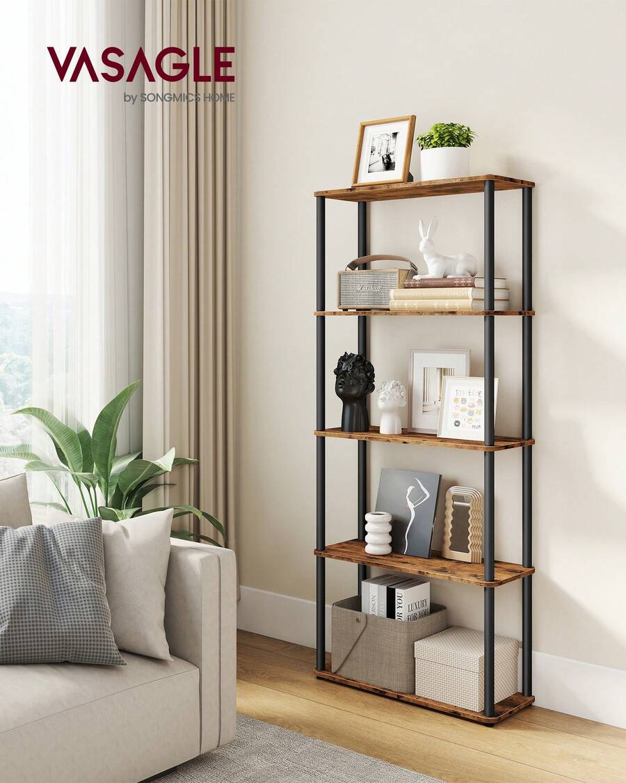 VASAGLE Montaggio Super Veloce Senza Attrezzi, Scaffale Portaoggetti a 5 Ripiani, Autoportante, 23,8 x 60 x 139 cm, Soggiorno, Camera da Letto, Cucina, Marrone Vintage e Nero Inchiostro - nero - Visualizzare 1