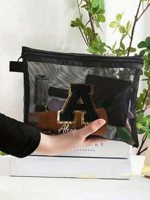 Customized Black Mesh Bag With Large Capacity, Initials A-Z, Embroidered Letters On Towels, Transparent Mesh Bag For Cosmetics, Toiletry Bag, Multifunctional Travel Portable Bag, Lipstick And Skincare Storage, Washing And Makeup Bag, Student Stationery Bag, Data Cable Storage Bag, Gifts For Family And Friends