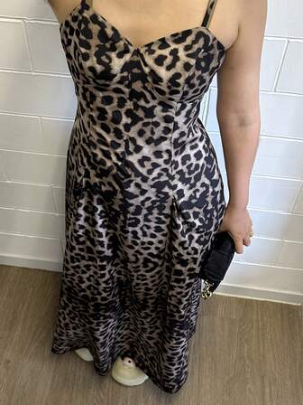 女士新款豹纹吊带细肩带侧拉链沙滩度假时尚性感背心吊带裙，春夏秋季