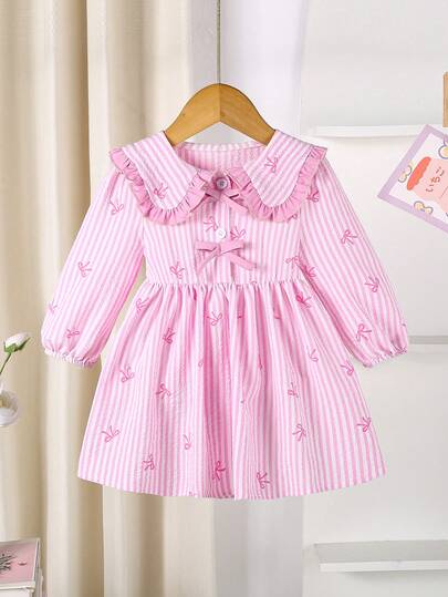 Abito a maniche lunghe con colletto a fiocco e righe per bambine, adatto per feste di compleanno, raduni e outfit per vacanze all'aperto, primavera/autunno