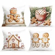 4pcs Christmas Gingerbread Man Printed Throw Pillow Cover Set - Peach Velvet Cushion Cover 45*45cm