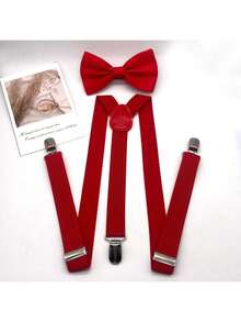 1 套男士红色休闲领结和吊带套装，含吊带裤夹，万圣节情人节情人节外出装婚礼派对和礼物万圣节配饰，万圣节服装秋冬配饰万圣节服装，适合青少年、青年、男士、休闲、户外、运动、度假、毕业礼物、生日、日常穿着 - 紅色 - 查看 5