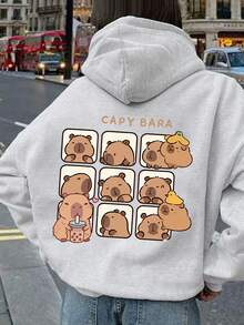 1件少女水豚卡通印花浅灰色卫衣，柔软舒适，适合日常休闲穿着和学校活动。 - 灰色 - 查看 1