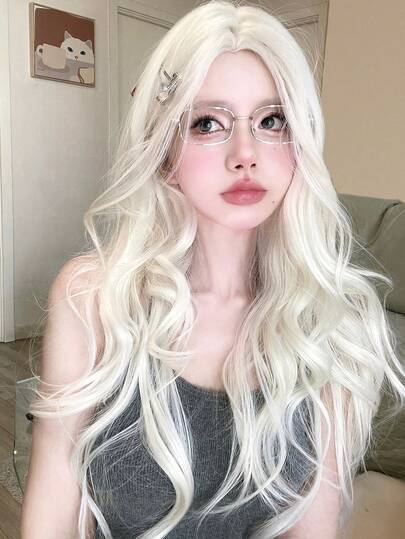 alicegarden 额头蕾丝卷发假发，白金长卷发假发，28 英尺长，中长款，自然逼真的假发，适合日常使用