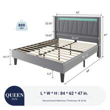 Allewie Full/Queen/King Size LED Bed Frame With Charging Station, Velvet Upholstered Platform Bed With Geometric Wingback Headboard, Modern Frame With No Box Spring Needed, Easy Assembly, Grey - 灰色 - 查看 10