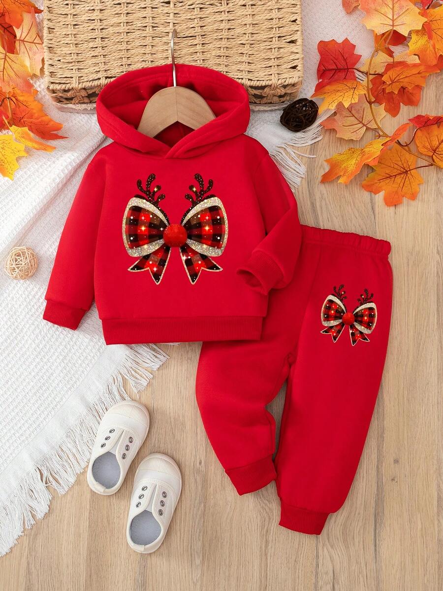 Baby Girl Casual Fashion Festive Bow Print Hooded Sweatshirt And Pants Set, Autumn/Winter - Red - View 1