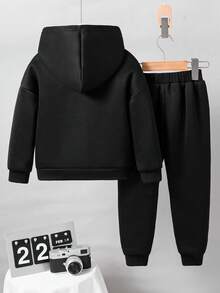 Cartoon Dinosaur Print Warm Hoodie And Sweatpants Casual Outfit For Young Boys - Black - View 3