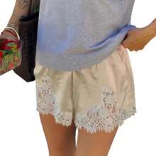 Boho Women's Lace Trim Satin Silk Shorts Shiny Elastic Waist Mini Shorts Pettipants Half Slip Shorts French Knickers Boyshorts For Dresses Full Coverage Underwear Lounge Pants - 香檳色 - 查看 10