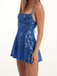 Women's Sequin Mini Dresses Summer Solid Color Sleeveless Spaghetti Strap Cami Dress - Dark Blue - View 4