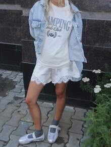 Mini Summer Lace Satin Shorts Lace Trim Casual Shorts For Women Beach Daily Wear - 白色 - 查看 5