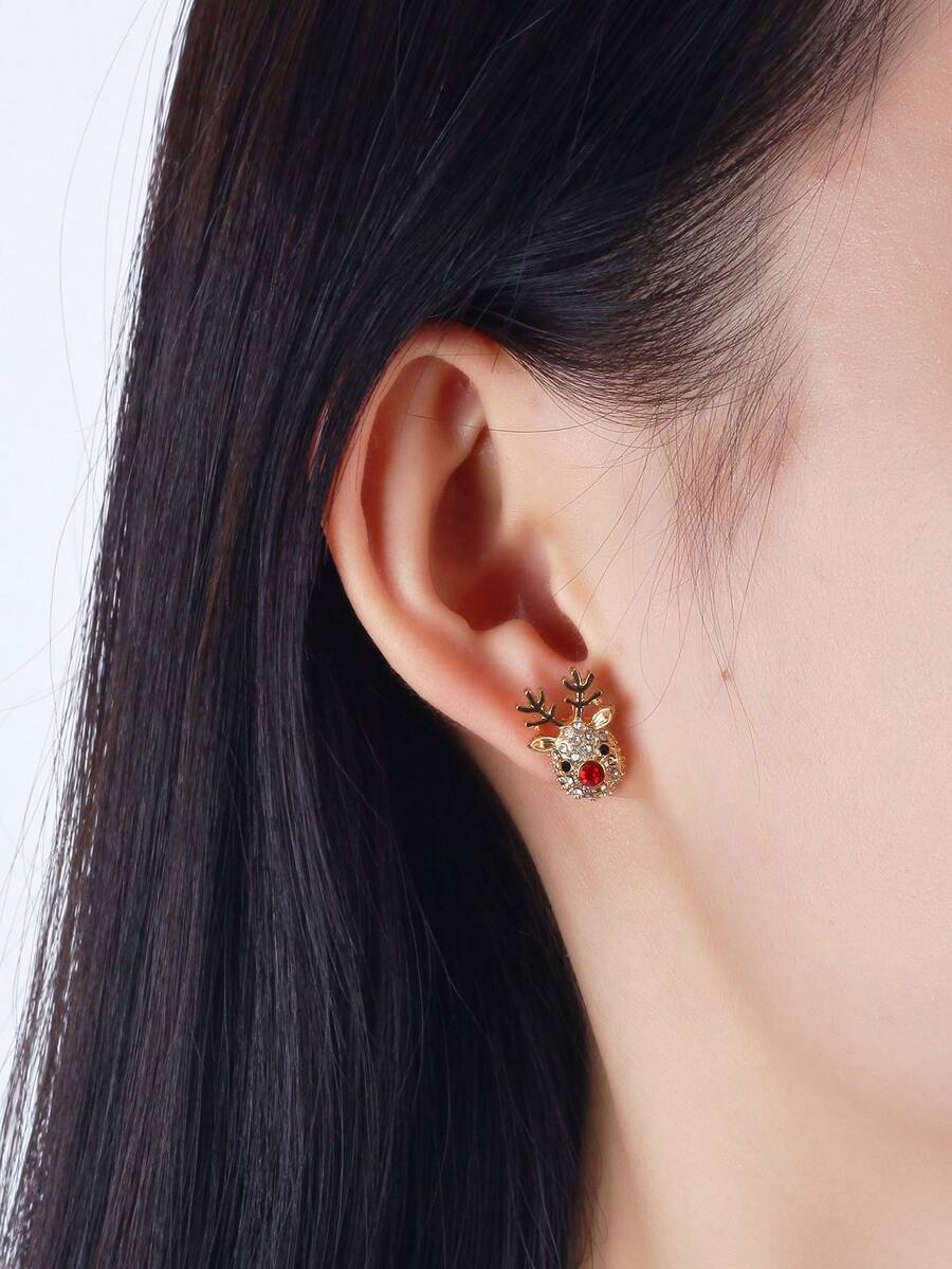 1 Pair Cute Fashionable Delicate Small Golden Christmas Reindeer Rhinestone Stud Earrings, Versatile For Casual, Party, Daily Wear, Great Christmas Gift For Friends And Classmates