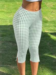 Womens Gingham Split Leggings Lace Low Rise Elastic Waist Skinny Capri Pants - Green - View 3