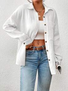 Women'S Casual Long Sleeve Button-Up Shirt - Brown Textured Fabric, Open Front, Loose Fit, Summer Style, Perfect For Casual Attire, Casual Summer Wear | Buttonup Shirt | Textured Fabric - 白色 - 查看 5
