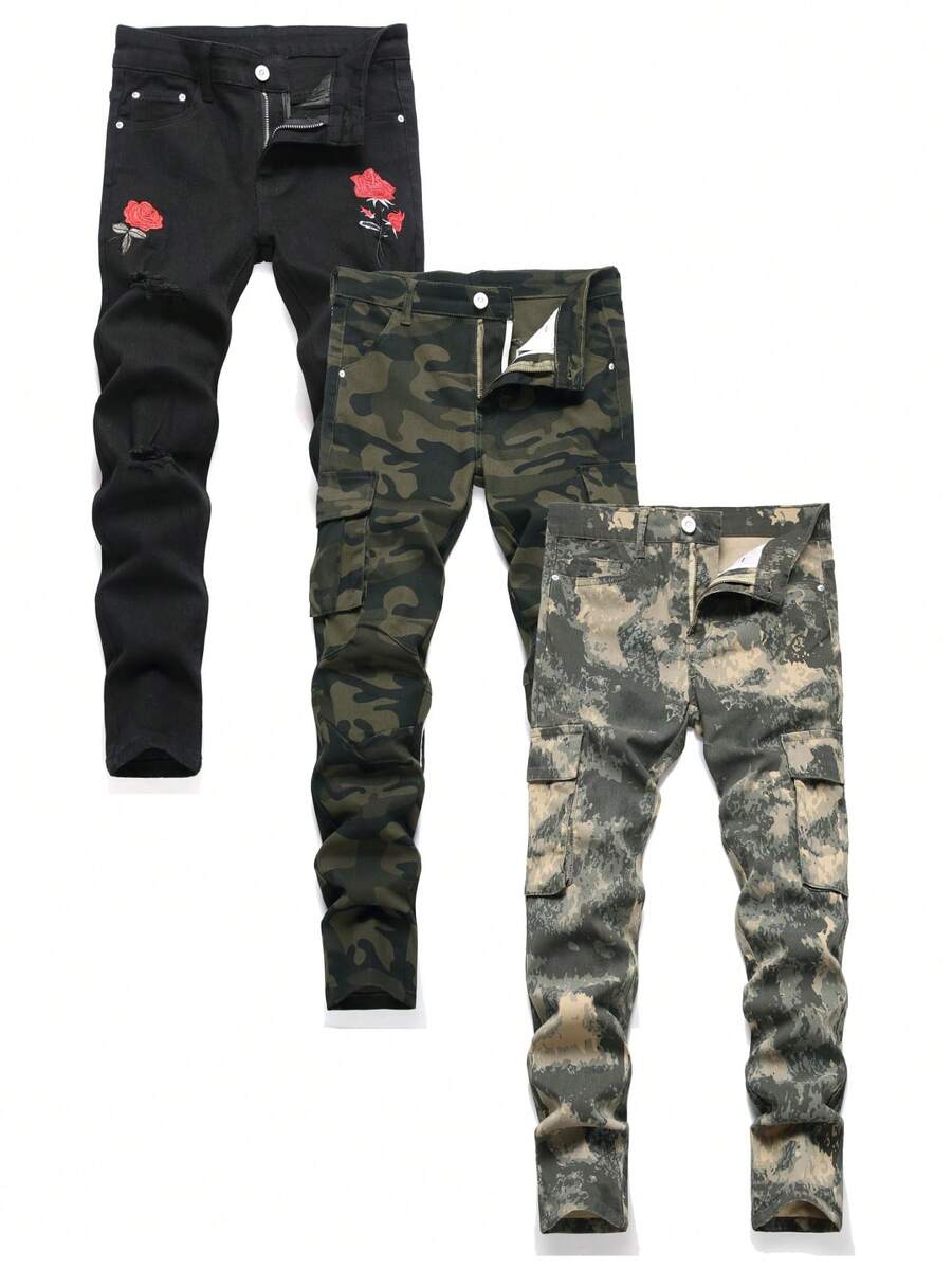 3 Pieces/Set Young Boys Retro Worn Casual Soft Basic Simple Style,Black,Olive Drab,Green Color, Denim Pants - 軍綠色 - 查看 1