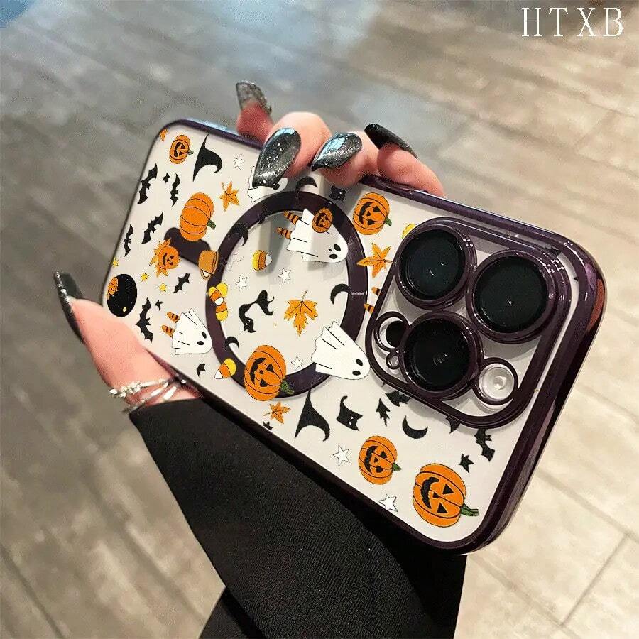 Custodia magnetica per telefono con lente a copertura totale, motivo Zucca delle Streghe, supporta la ricarica senza fili magnetica, compatibile con 16 Pro Max, 16, 15 Pro, 14, 14 Plus/14 Pro Max, 13, 13 Pro, 12 Pro, 11/11 Pro e Pro Max Series, un ottimo regalo per amici, compleanni e festività.