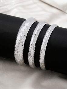 Set de 3 piezas de pulseras circulares de lujo, set de joyas de moda con textura martillada, adecuado para galas, citas, fiestas, reuniones y regalos festivos de mujer - Plateado - Ver 6