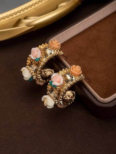 1 Pair Fashionable Vintage High-End Luxury Rose Flower Resin Exaggerated Personalized C-Shaped Hoop Earrings, Suitable For Women's Daily, Vacation, Party, Holiday Wear