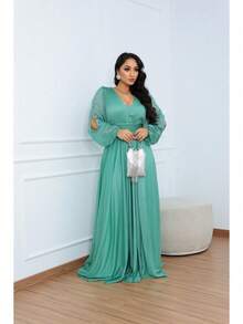 Women's Long Aurora Tulle Dress With Shiny Long Sleeves - 薄荷綠 - 查看 4