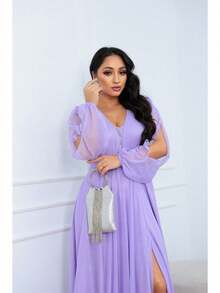 Women's Long Aurora Tulle Dress With Shiny Long Sleeves - 紫丁香 - 查看 2