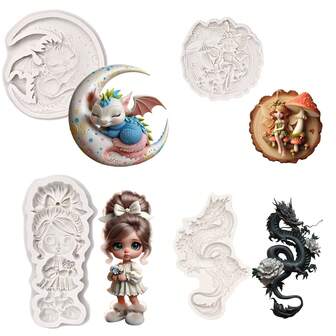 1 件月亮睡龙、仙女蘑菇、富有想象力的女孩、龙形硅胶模具 - 树脂模具 - 家居装饰 DIY 工具 - 珠宝铸造粘土树脂石膏模具