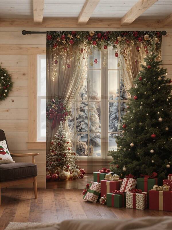 1pc Christmas Gift Christmas Snowman, Reindeer, Christmas Tree Atmosphere Decorative Sheer Curtain, Translucent But Not See-Through Window Voile Curtain, Suitable For Living Room And Bedroom, Door Curtain, Kitchen Curtain, Noise Reduction, Christmas Decor Rod Pocket Sheer Curtain (100g Fabric Weight)