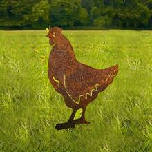 2pcs Rustic Metal Hen Garden Stakes, Artistic Farm Animal Egg Sculptures, Outdoor Yard Decor, Thanksgiving Gift, Outdoor Sculpture | Farm Animal Theme | Metal - Rust Brown - View 3