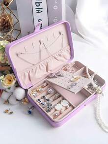 1pc Travel Dual-Layer Jewelry Box, PU Leather Jewelry Storage Box, Snap Closure Pendant Organizer, Large Capacity Jewelry Case, Necklace, Earring, Ring Display Tray - Multicolor - View 10