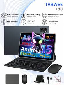 TABWEE 2025 最新款 Android 15 平板电脑,10.1 英寸 Incell 显示屏,(8GB+16GB 可扩展)GB 内存,256GB ROM / 2TB TF 卡,Gemini AI,T606 八核处理器 + 8MP 摄像头,5000mAh 电池,支持 Widevine L1,二合一平板电脑,配备键盘、鼠标和手写笔(不含适配器) - 灰色 - 查看 2