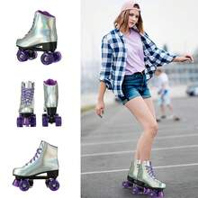 Gets Classic Double-Row Four-Wheel Roller Skates For Women And Men, Cowhide High-Top Shoes, Stylish Unisex Roller Skates For Girls And Guys - 鐳射 - 查看 6