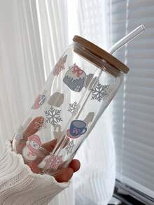 500ml/16.91oz 姜饼人冰咖啡玻璃吸管杯，抹茶饮料吸管杯，吸管杯饮具，最佳圣诞礼物选择！ - 彩色 - 查看 17