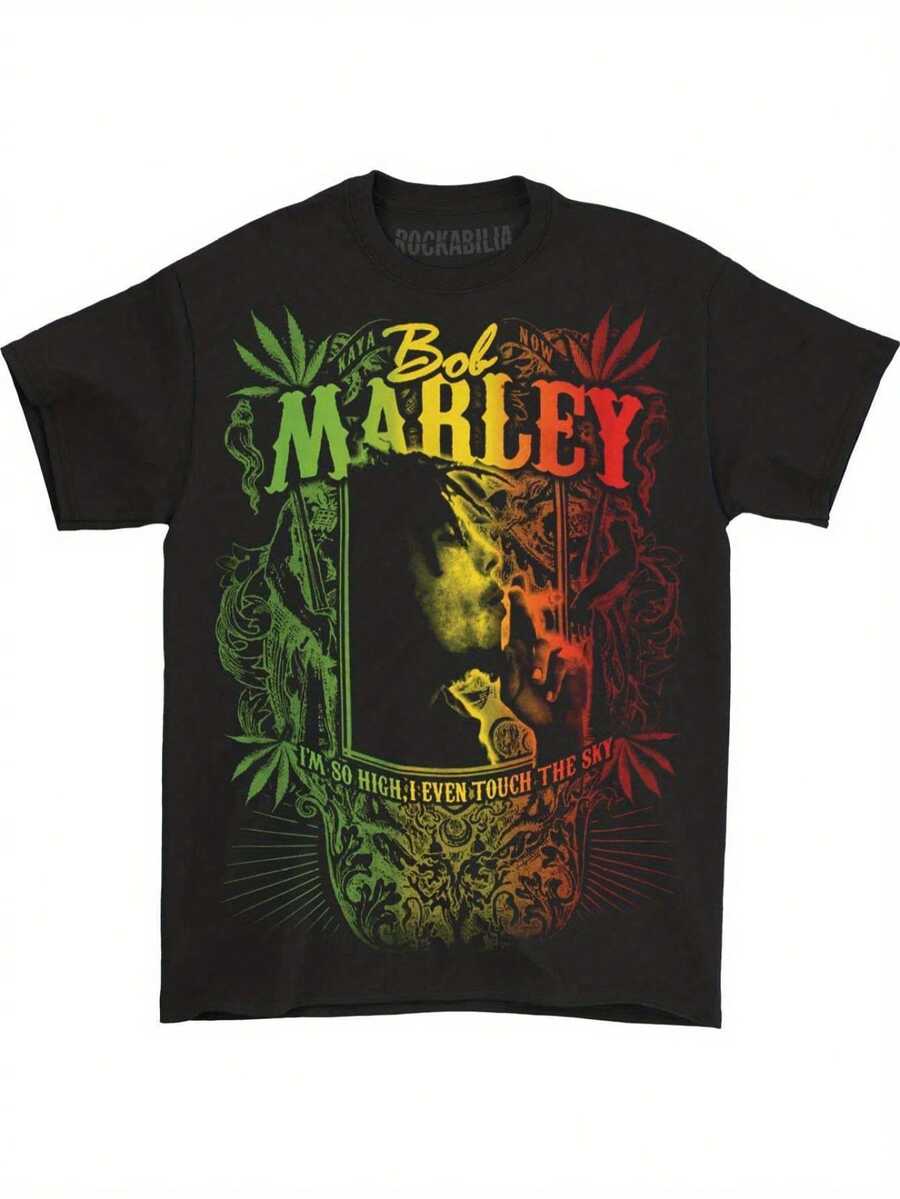 Zion Rootswear Men's Kaya Now Jumbo 220gsm Cotton T-Shirt - Black Graphic Print Short Sleeve Tee With Bob Marley Tribute Design, Regular Fit Casual Shirt For Casual Attire, Everyday Tshirt| Cultural Style Tee| 100% Cotton Shirt - 黑色 - 查看 1