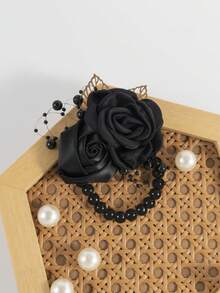 Pulseira de Corsage com Pérolas, Pulseira Floral de Seda com Rosa, Pulseira para Noiva, Madrinhas e Mãe da Noiva, Casamento Boho, Baile de Formatura, Eventos Formais (Várias Cores) Acessórios para o Dia dos Namorados - Corpete de pulso - Ver 12