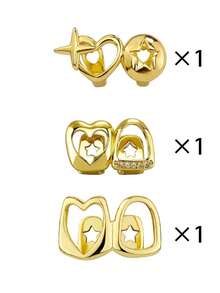 3 件 14k 铜空心心形镂空夹式牙齿饰品，Y2K Grillz 情人节万圣节装饰牙齿饰品，适合女士 - 彩色 - 查看 15