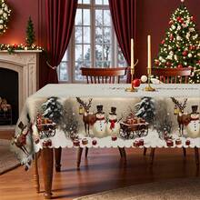 1pc Vintage Christmas Rectangular/Round Tablecloth, Snowy Landscape Reindeer & Snowman Pattern, Winter Wonderland Christmas Decor, Themed Tablecloth, Christmas Decoration, Suitable For Indoor & Outdoor Use - Easy To Clean Holiday Dining Tablecloth, Multiple Size Options