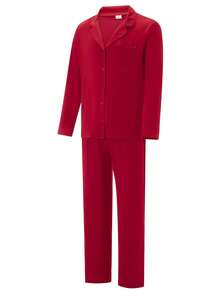 Family Matching Pajama Set Lapel Neck Button-Up Long Sleeve Tops Long Pants 2-Piece Bow/Solid Color Loungewear Outfit - Red - View 7