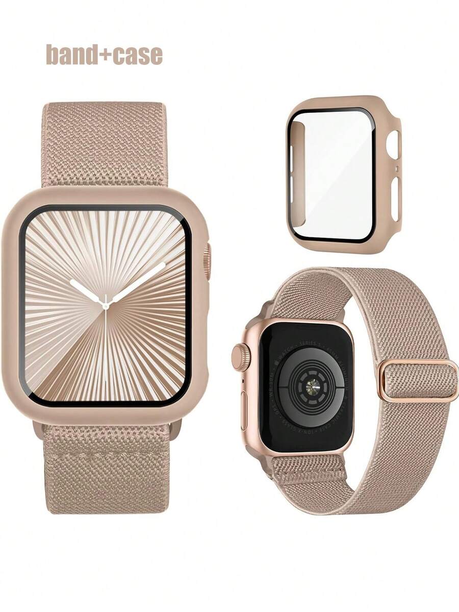 2-In-1 Nylon Sports Watch Band And Case, Compatible With Apple Watch Bands And Cases In Sizes 40mm, 41mm, 42mm, 44mm, 45mm, 46mm, And 49mm. Soft, Breathable, And Elastic Sports Watch Band. Shock-Resistant And Scratch-Resistant PC And Tempered Glass 2-In-1 Watch Case. Compatible With Apple Watch Ultra/11/10/9/8/7/6/5/4/SE For Men And Women. Easy To Wear, Sensitive Touch. - Milk Tea Color - View 1