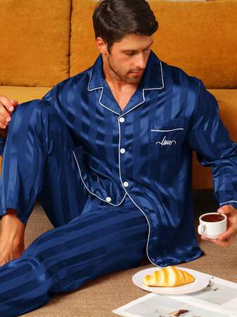 2 件男士睡衣套装，长袖衬衫和长裤，条纹提花面料带字母刺绣，加大码，宽松版型，适合春、夏、秋、冬