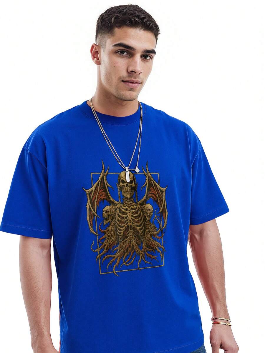 Playeras gothic rock para Halloween y Dia de Muertos, playera con calavera tejido transpirable de calavera con cuerno, alas de murciélago y cráneos laterales, para amantes del estilo oscuro, playeras de calacas chidas, Playeras Hombre Algodón Estampada Casual Manga Corta, playera unisex oversize estampada, envío nacional - azul real - Ver 1