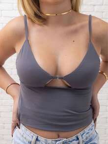 Cropped Tank Top With Plunging Neckline In Polyamide – Thin Straps And Cut-Out Detail | Sexy And Comfortable - 深灰色 - 查看 2
