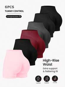 6 件套女士无缝弹力提臀跑步训练健身瑜伽户外运动短裤，适合日常穿着和锻炼，纯色健身短裤，骑行短裤， - 彩色 - 查看 1