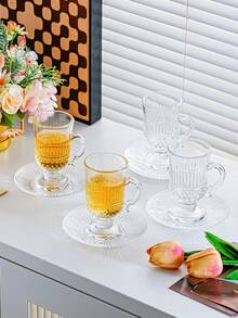 Set da 6 pezzi, Set di tazze da tè turche, Set di tazze da tè marocchine dorate eleganti in stile arabo, include 6 tazze, 6 piattini con cucchiaini da caffè dorati, adatto per feste e tè pomeridiano - trasparente - Visualizzare 9