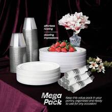 600pcs And Gold Plastic Plates Dinnerware Set Guest, Incl. Heavy Duty Gold Plastic Plates With Gold Trim, Cups, Cutlery - 50位賓客套裝+銀 - 查看 5