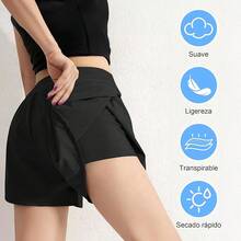 Shorts Mujer Deportivos 2 en 1, Paquete de 2 Pantalones Cortos para Correr, con Bolsillo para Incorporado, Pantalón Cortos con Licra Mujer, Secado Rápido, para Entrenamiento, Gimnasio, Ejercicio-M - Negro y rosa-XL - Ver 3