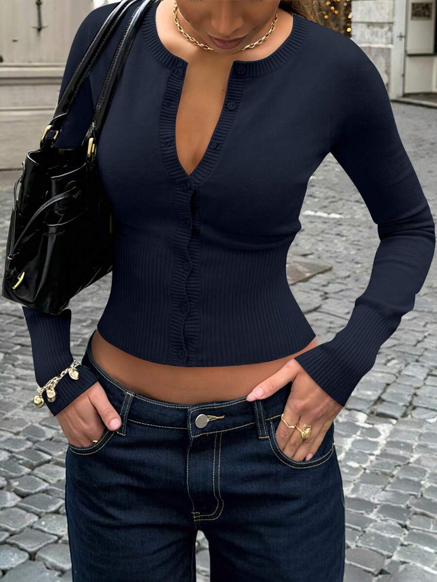 Women's Casual Fashionable Navy Blue Round Neck Long Sleeve Waist Fitted Knit Cardigan, Early Autumn